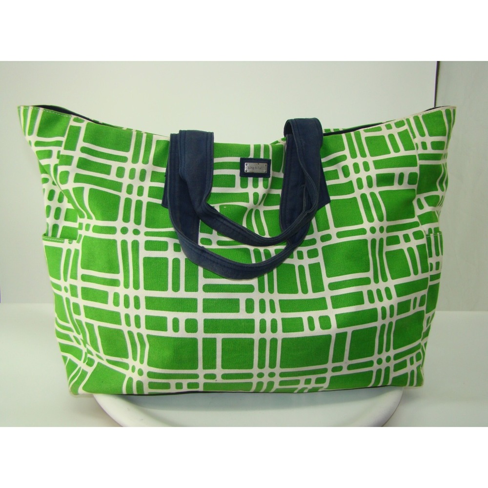 Ame & Lulu Green & Navy Blue Large Beach Bag Tote Bag 25" X 15" X 7"   DB5